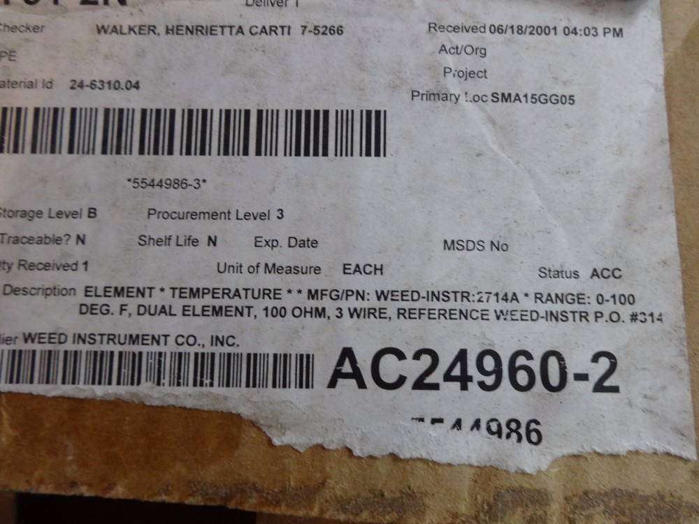 WEED INSTRUMENT TEMPERATURE SENSOR ELEMENT MODEL 2714A