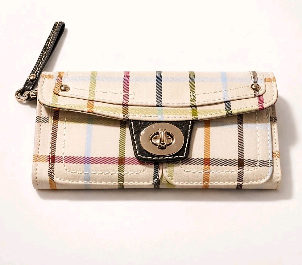 MultiPocket Cotton Plaid Turn-Lock Wallet