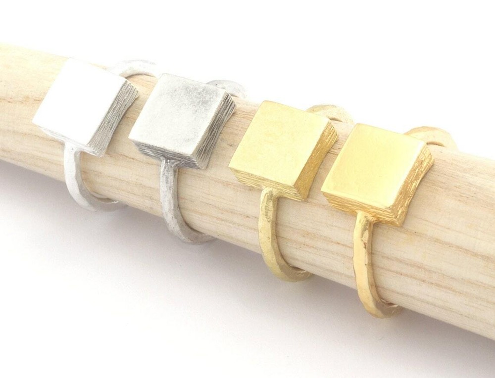 Square Brushed Edge Ring Base Adjustable Silver,Raw Brass,Shiny gold-silver 4725