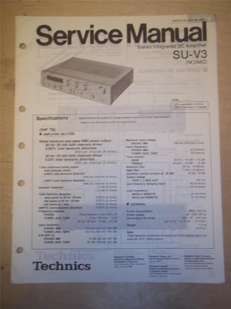 Technics Service Manual~SU-V3 Amplifier/Amp~Original~Repair