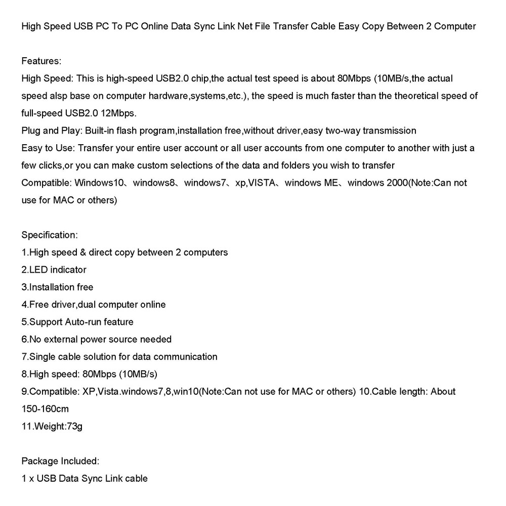 High Speed Data Transfer LED Cable Direct Copy Between 2 PC Computers