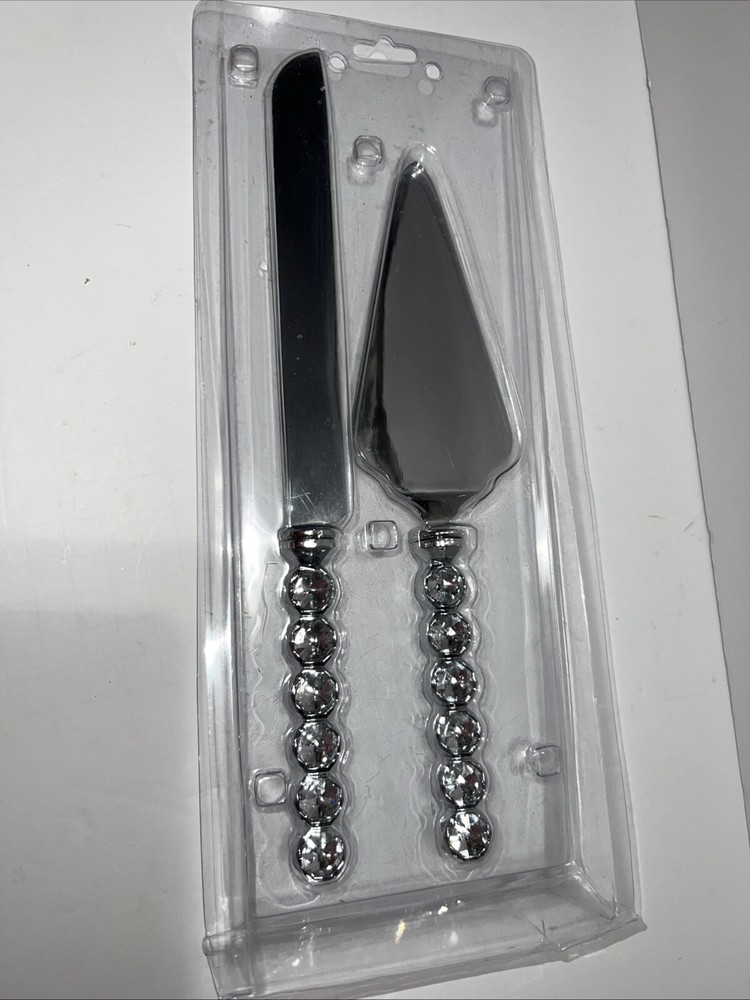 Wedding Cake Knife Server Set Clear Stone And Silver Color With Container