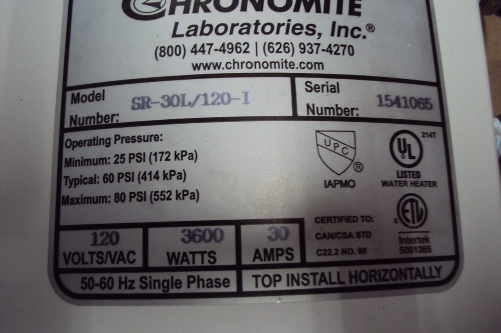 CHRONOMITE SR-30L/120-1 TANKLESS WATER HEATER , 120 V , 3600 W , .35 GPM