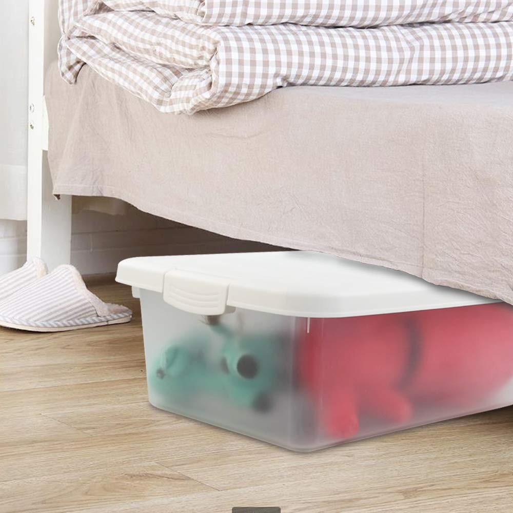 Ucake 14 Quart Clear Storage Box, Underbed Plastic Latch Box with White Lids, 2-