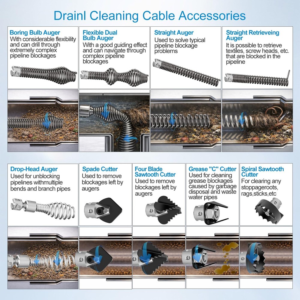 10Pcs Drain Snake Drill Attachment, Includes 4 Cutters and 5 Spirals, Drain A...