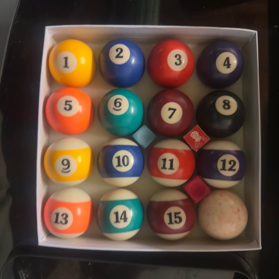 pool ball set with triangle and Chalk