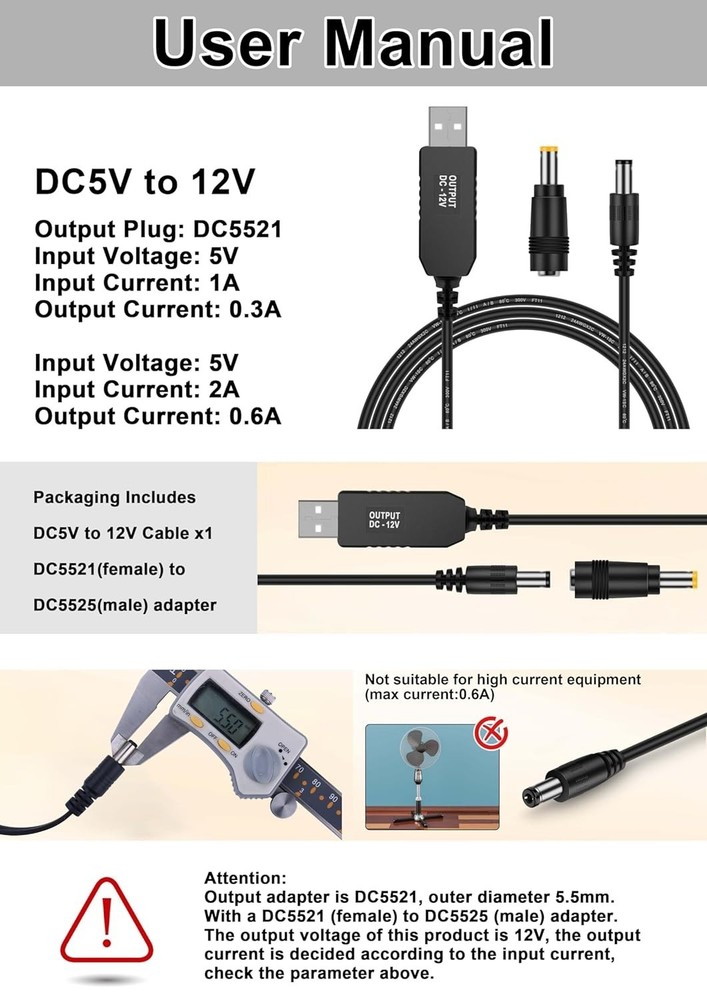 3ft USB Voltage Step-Up Converter - Perfect for Bluetooth Speakers and More