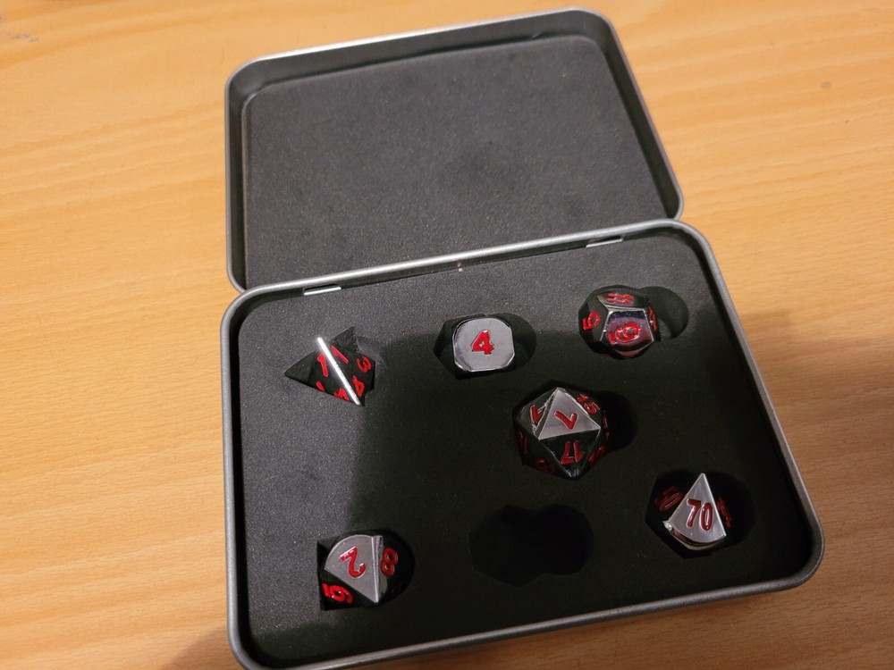 6 piece Polyhedral Dice Set with Silver Beholder Case DND D&D (1 missing from 7)