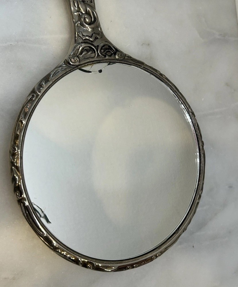 Antique Art Nouveau Handheld Repousse Silver Plated Mirror
