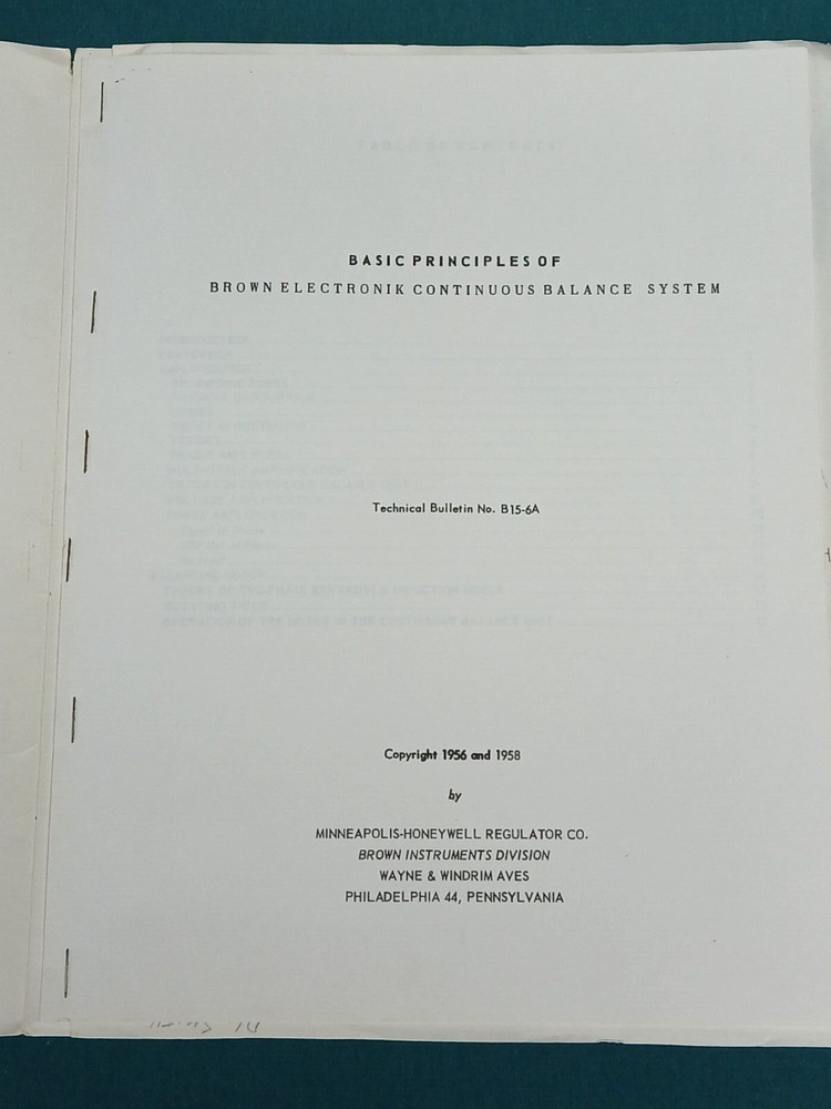 Brown Electronik Continuous Balance System Honeywell Technical Data 1958