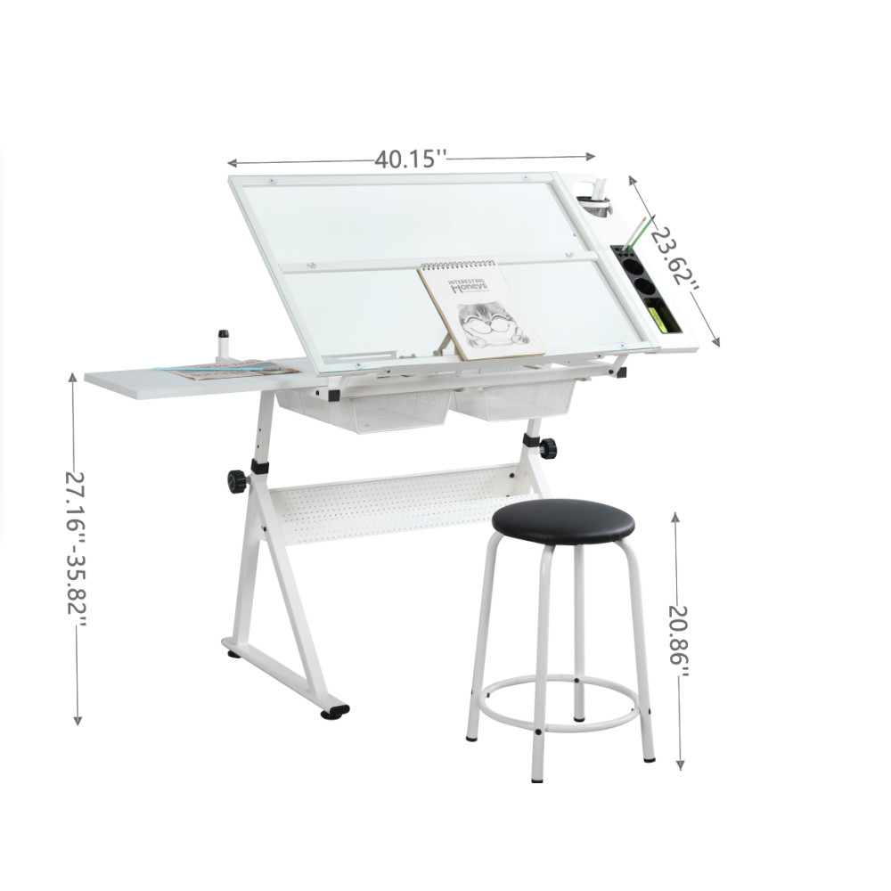 Adjustable Tempered Glass Drafting Table with Chair - Drawing Art Desk