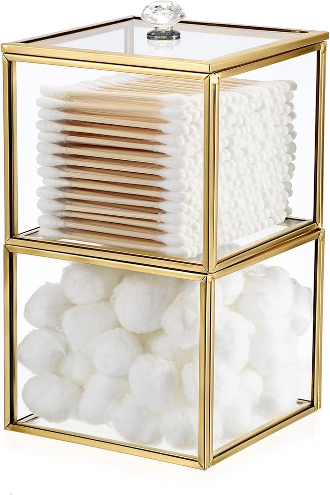 Glass Qtip Holder Dispenser with Lid 2-Tier Stackable Bathroom Containers Cotton