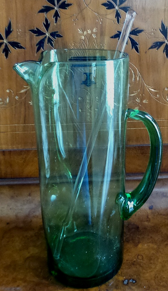 Retro Handblown Green Martini Cocktail Pitcher 11" applied Handle & stir stick