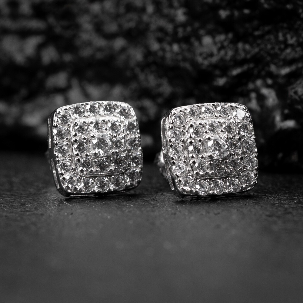Iced Cz Square Sterling Silver White Gold Plated Cube Shaped Stud Earrings