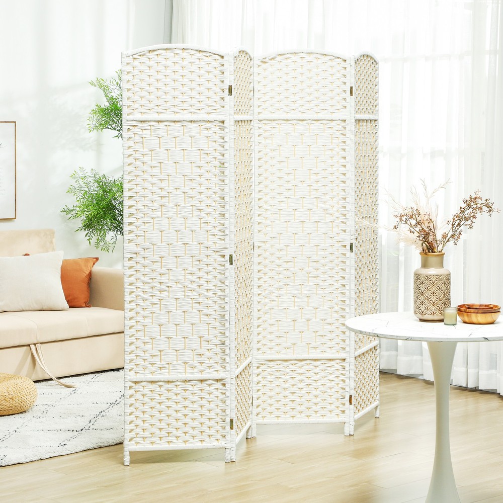 4 Panel Room Divider Hand-Woven Freestanding Partition White