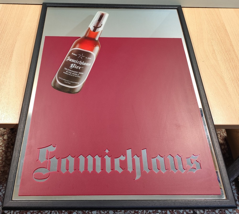 SAMICHLAUS BEER ADVERTISING WALL MIRROR WITH WOODEN FRAME