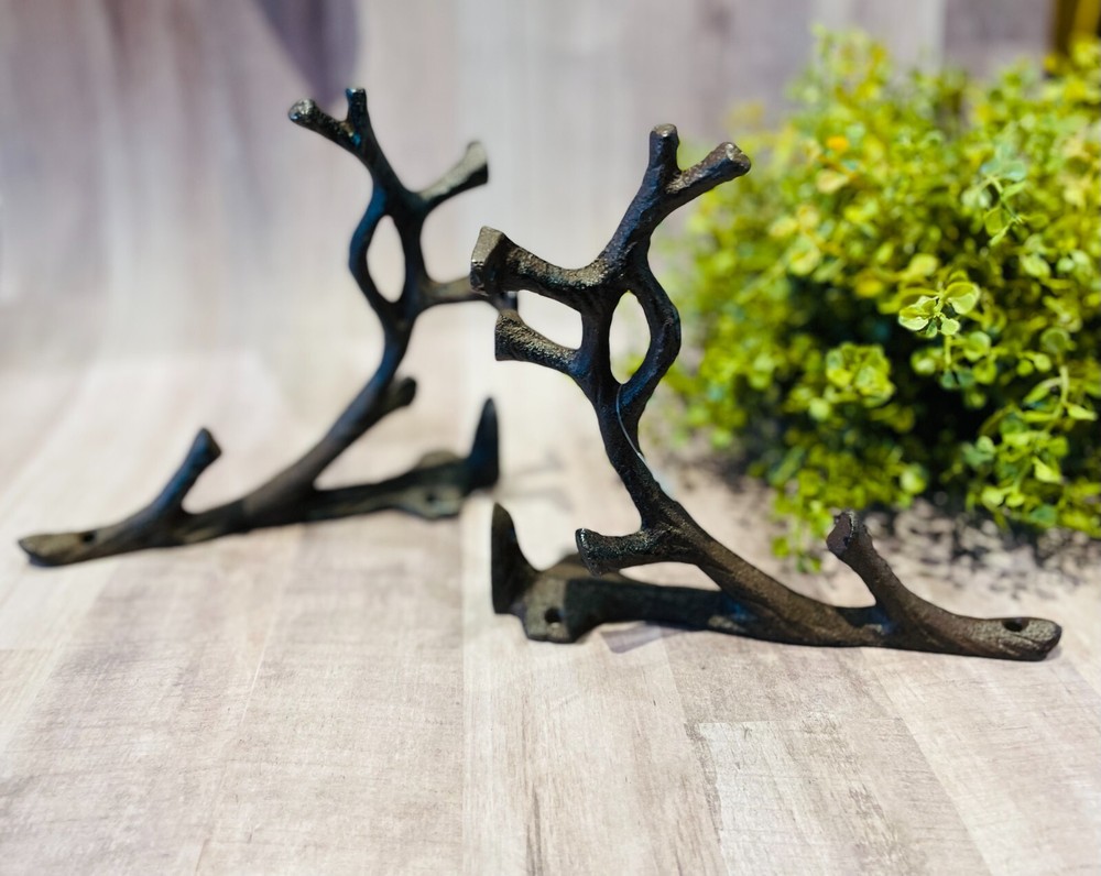 2 Rustic Cast Iron Shelf Bracket Wall Mount Hardware Brace Tree Branch Sculpture