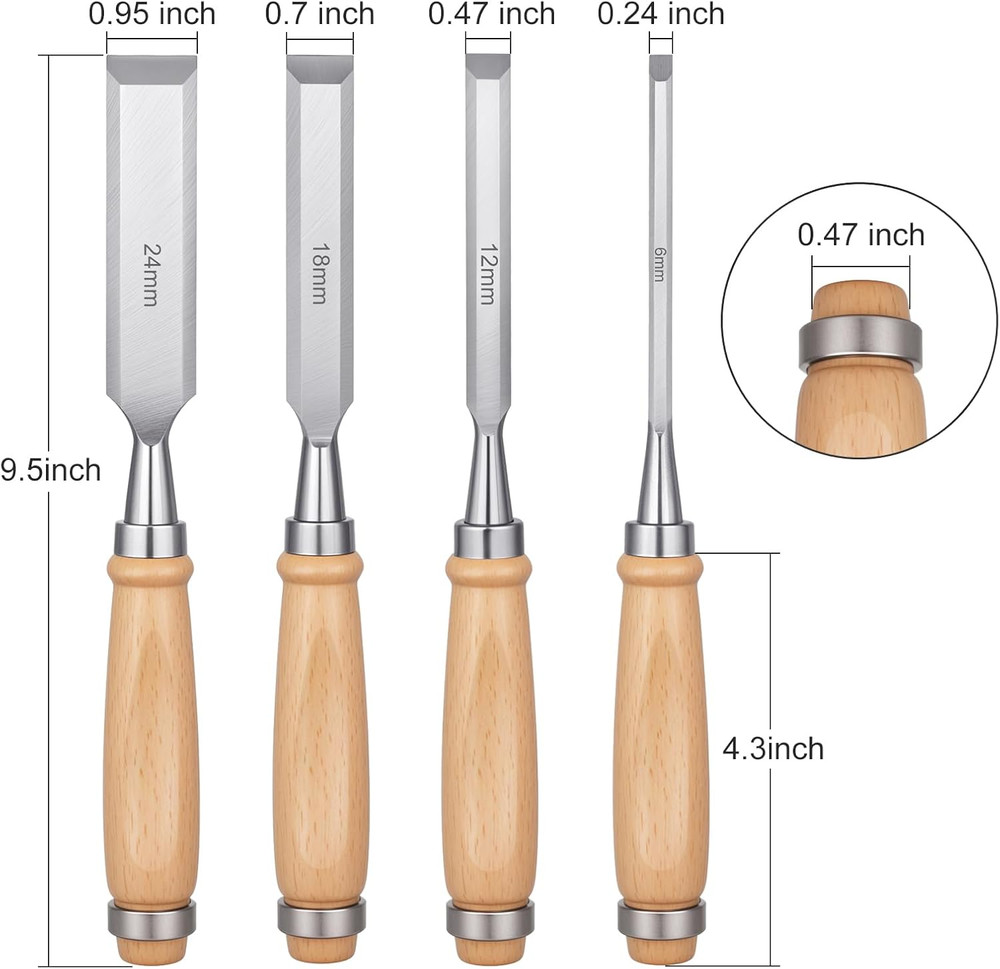 4 Piece Wood Chisel Set, Bevel Edge Professional Woodworking Tools