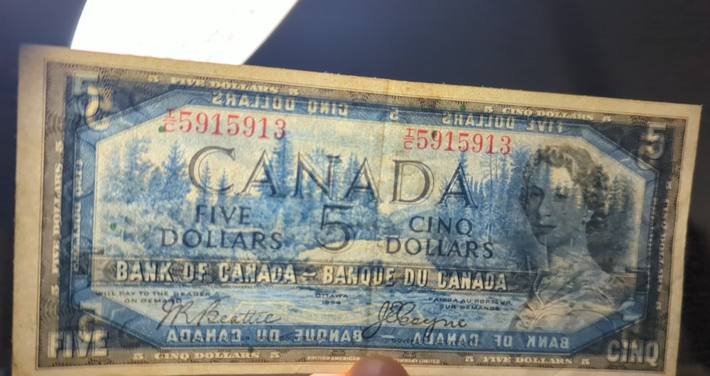 Canada $5 Devil's Face Banknote 1954 Charlton BC-31b VF