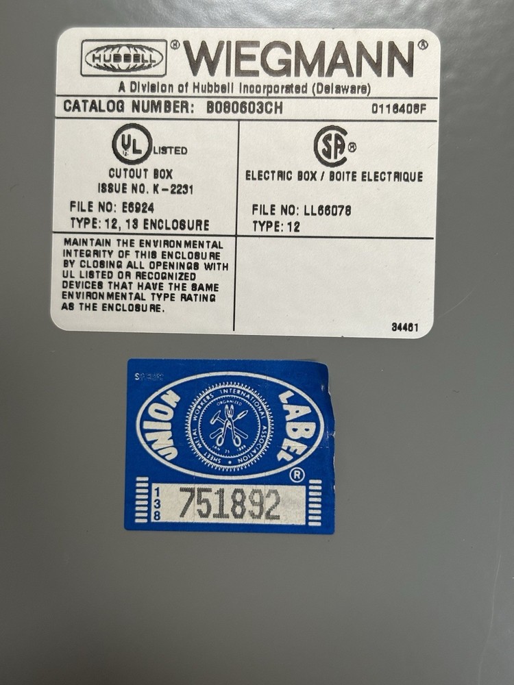 HUBBELL WIEGMANN Type 12 / 13 Enclosure B080603CH New Opened