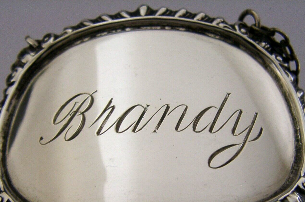 LARGE 16g SOLID STERLING SILVER BRANDY BOTTLE DECANTER LABEL 1970 BARWARE