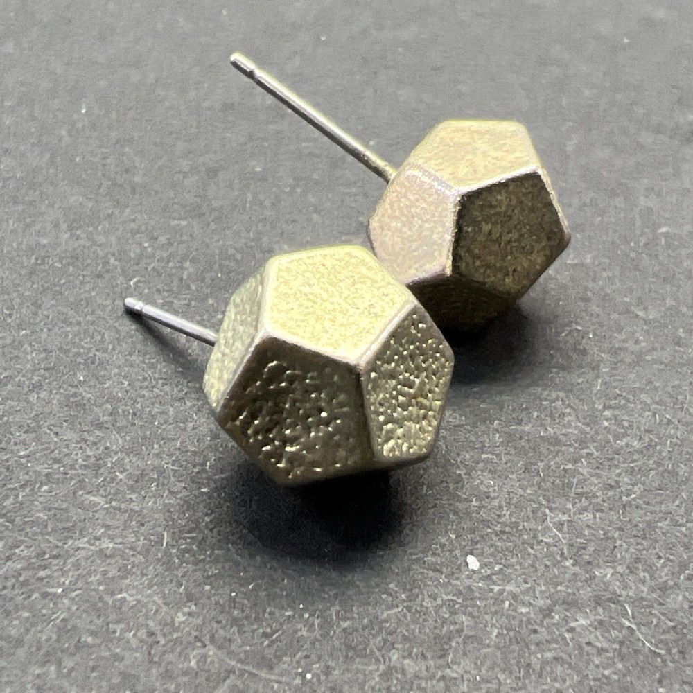 Pentagon Sphere Stud Earrings Vintage Silver Pyrite Tone