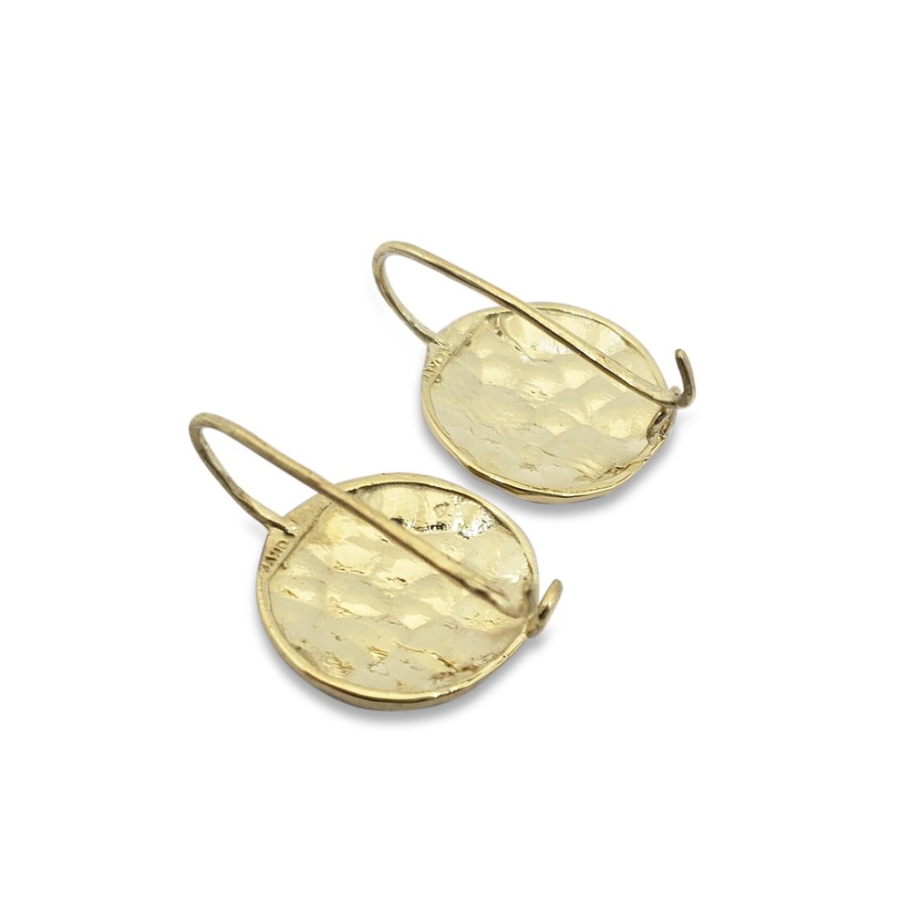 Solid 14K Yellow Gold Drop Dangle Hammered Circle Disc Earrings 14mm