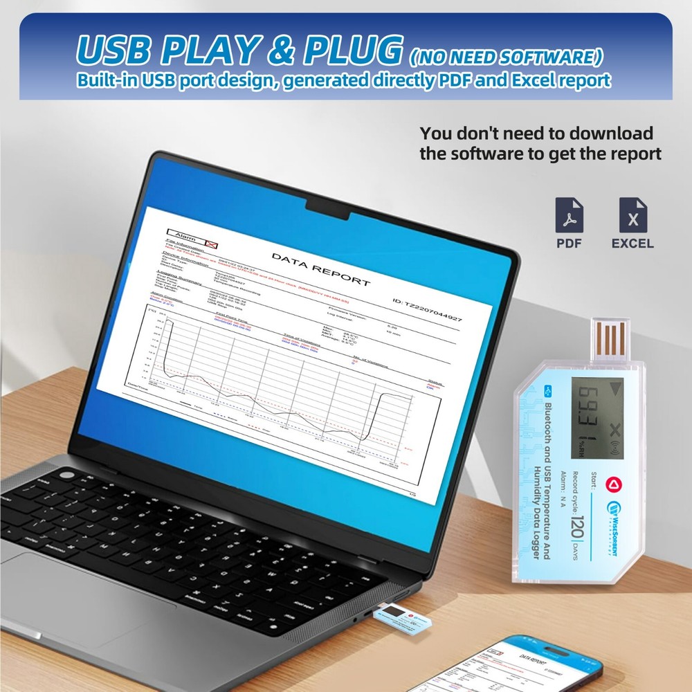 1P USB Data Logger, Temperature and Humidity w/LCD, Bluetooth & App， Single-USE