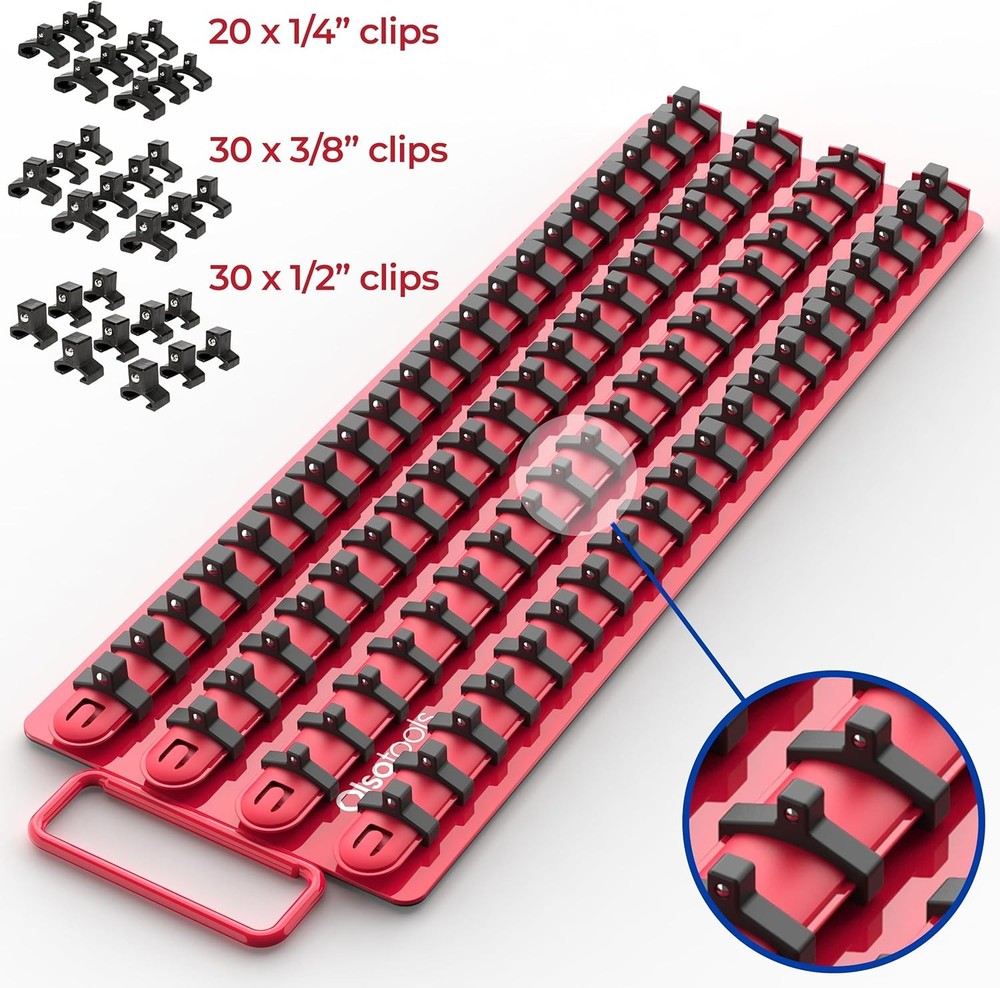 Olsa Tools Socket Organizer Tray - Portable Red Rail with Black Clips