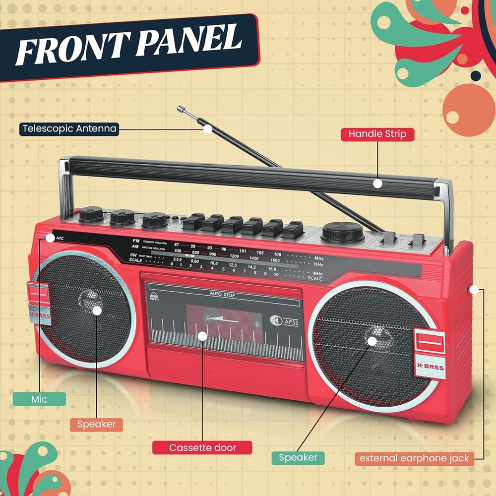 Portable Cassette Boombox Tape Player Bluetooth Speaker Support SD/USB Input