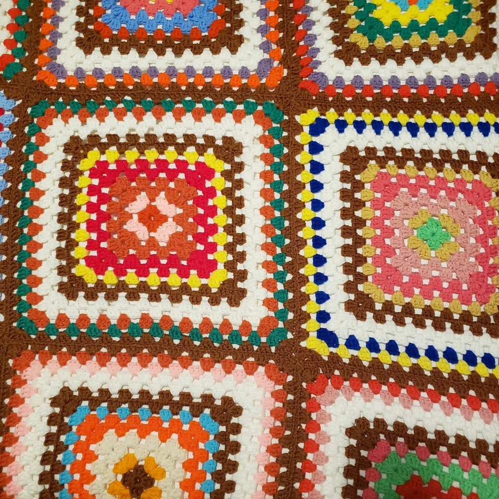 Hand Made Granny Square Afghan Bedspread Blanket Multi Colored Background 64x77