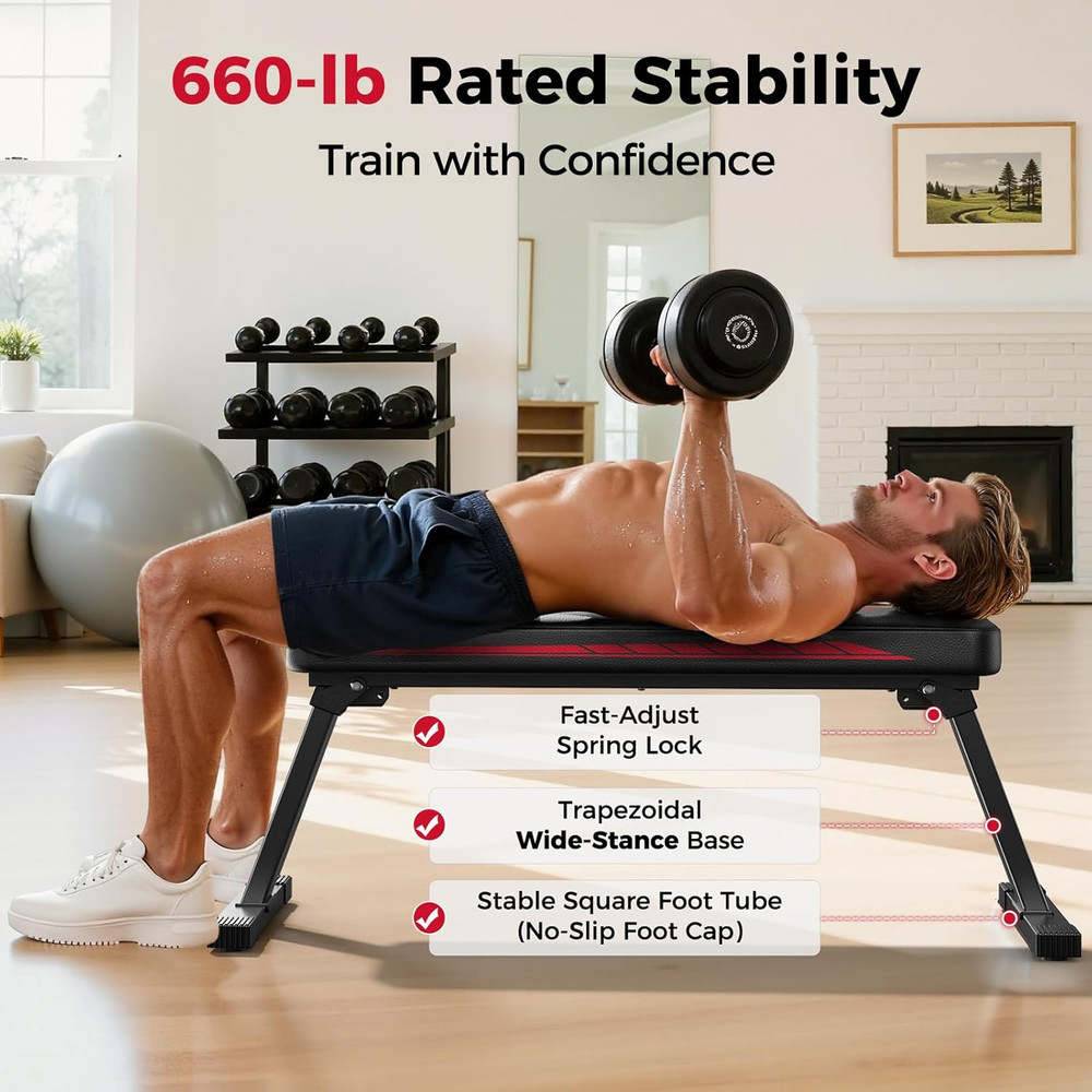 Foldable Flat Weight Bench for Home Gym, Sturdy Strength Training Workout Bench,