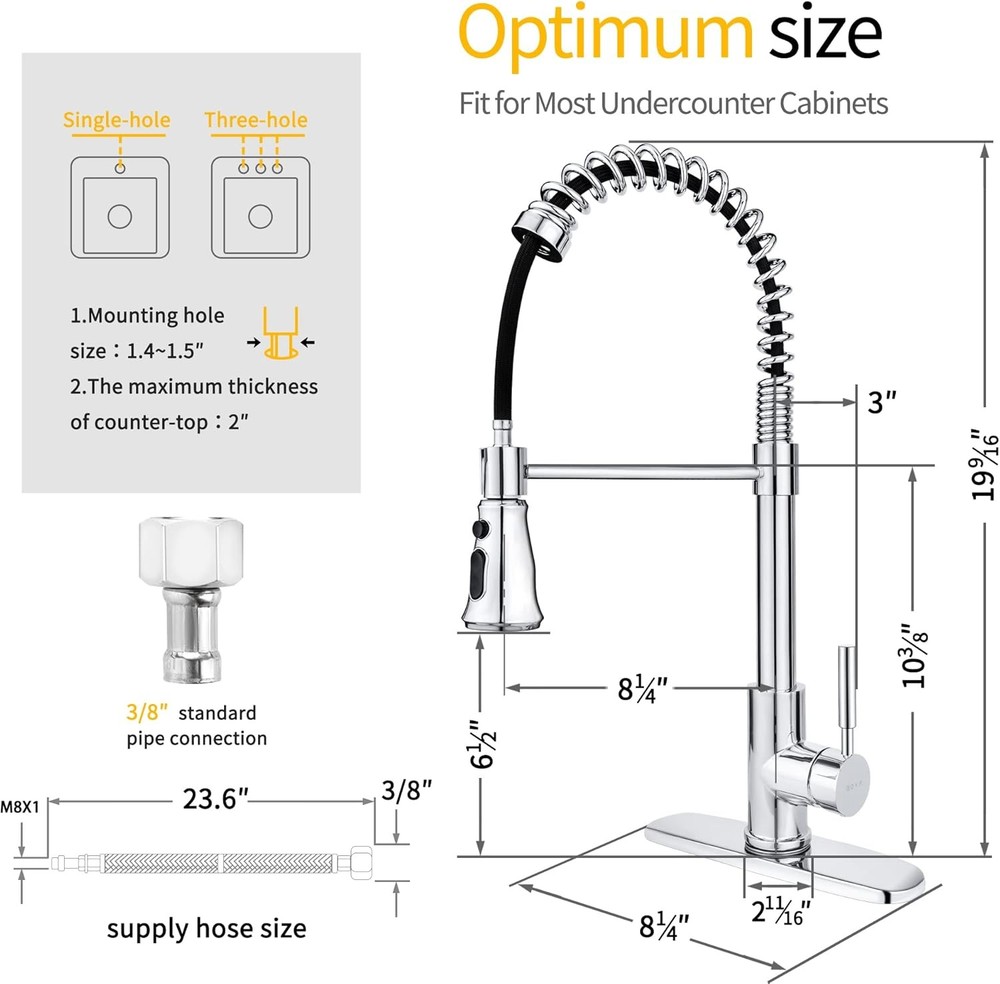 Kitchen Sink Faucet Single Handle with Pull Down Sprayer 3 Coil, Chrome