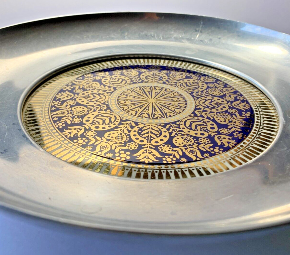 Vintage Silver with Gold and Blue Floral Pattern Serving Bowl