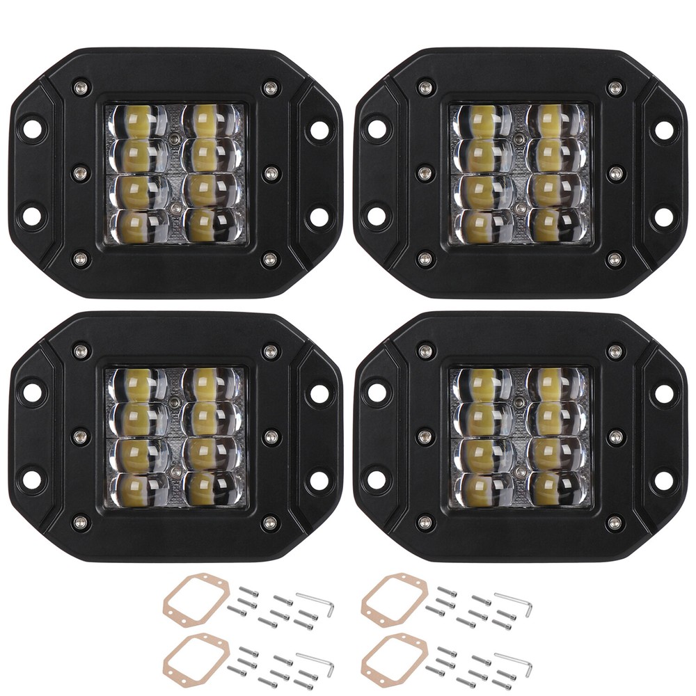 4x 5" Flush Mount LED Work Lights Cube Pods Offroad Driving Backup Reverse+ Wire