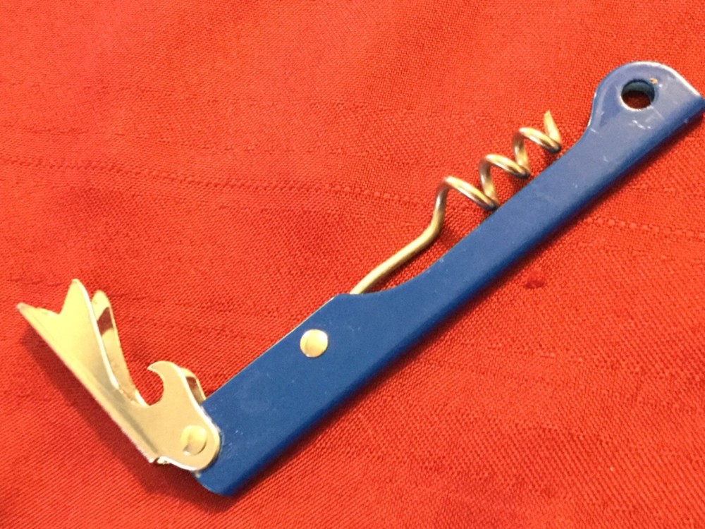 M. E. Heuck Co Blue Handle Silver Hardware Bottle Opener & Cork Screw Cin. O.