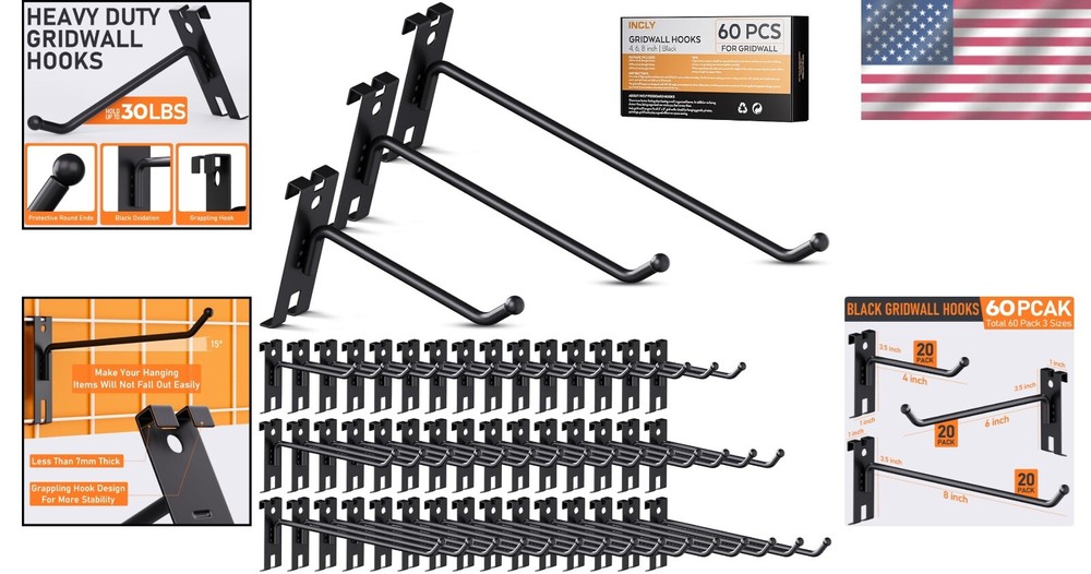 Rust Resistant Gridwall Hooks Set - Durable Black Metal for Retail & Home Use