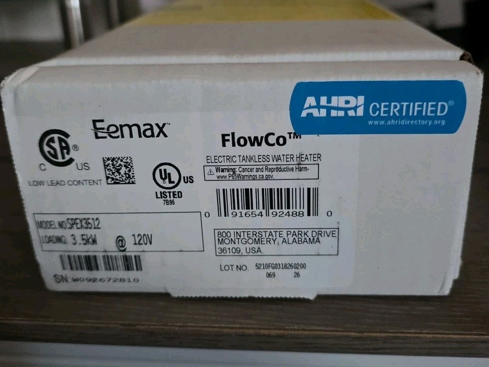 Eemax SPEX3512 FlowCo Electric Tankless Water Heater 10AWG 120V 3.5kW