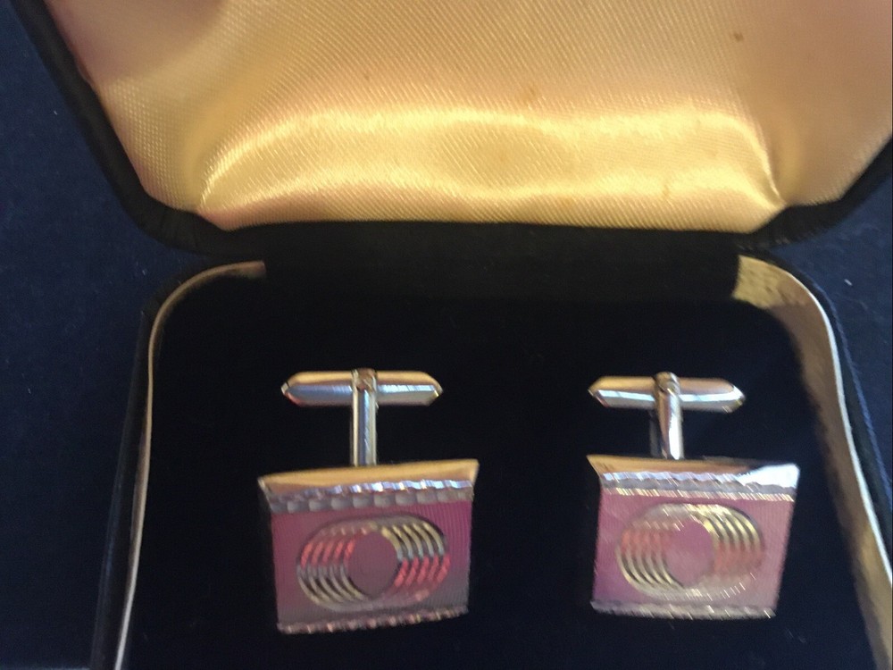 Vintage Cufflinks V Smart Rectangle Silver Tone Classic Original Box