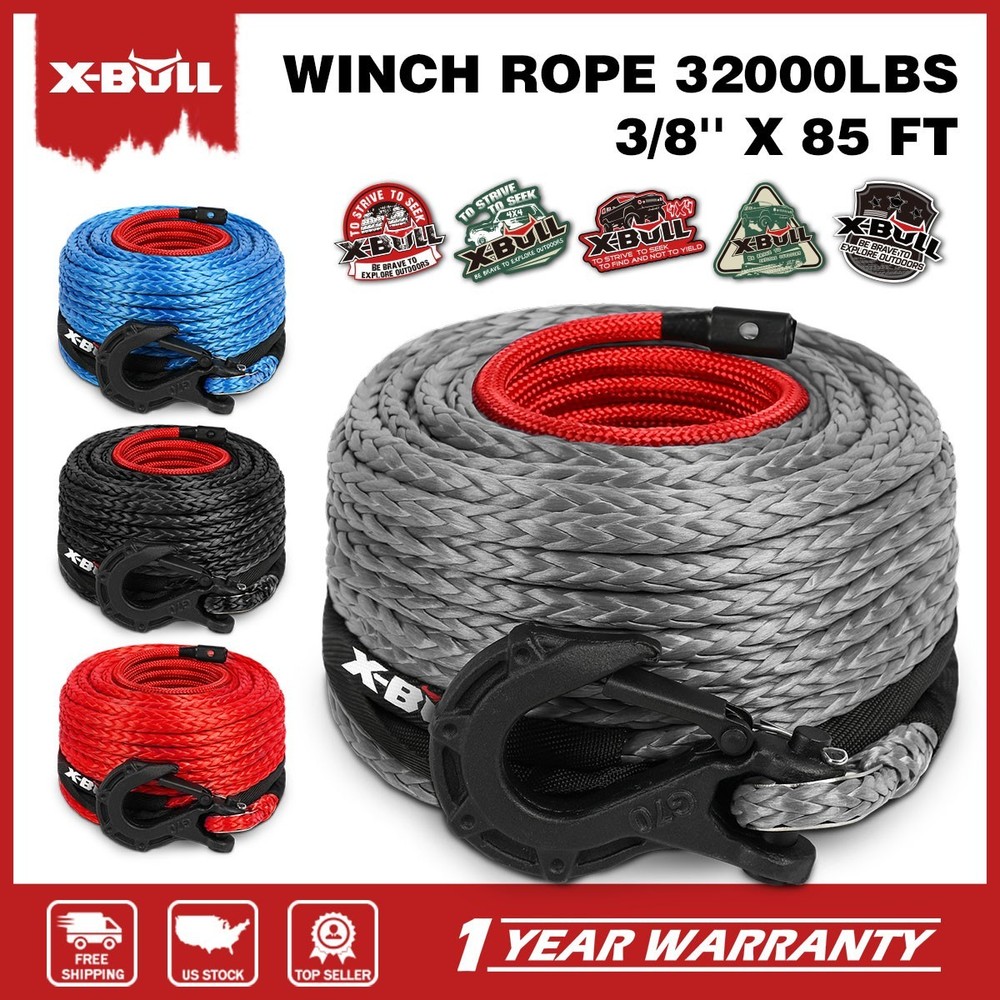 X-BULL 32000LBS Winch Rope Synthetic 3/8" x 85ft Recovery Rope Truck 4WD 4 Color