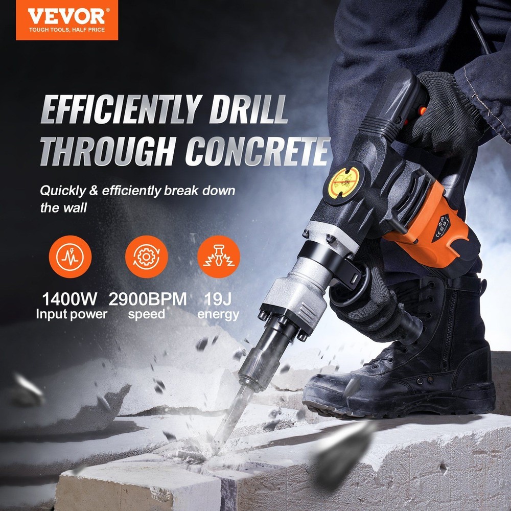 1400W Electric Jack Hammer with 2 Chisel Bits for Concrete Breaking Demolition