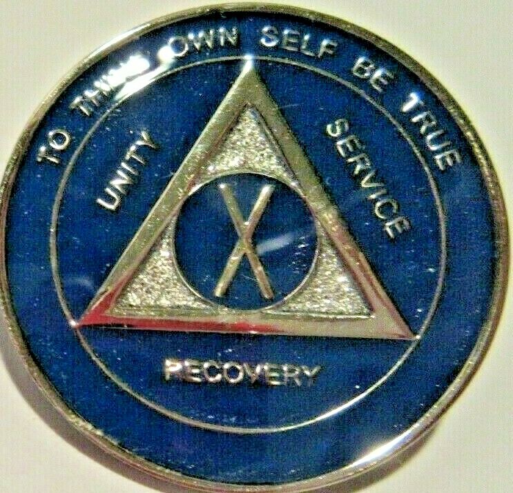 Blue Silver SPARKLE Alcoholics Anonymous 10 Year AA Medallion Coin Token Chip