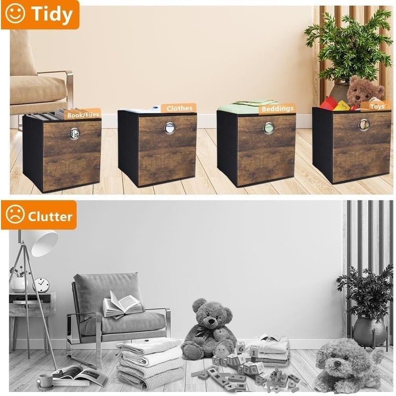 4 Pack Storage Cube Bins Open Shelf with Wood GrainThickened Fabric Box Basket