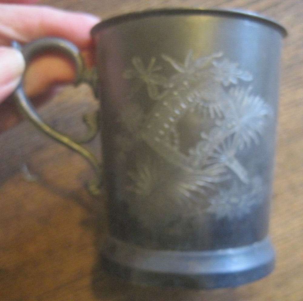 VTG AMERICAN SILVER PLATE ETCHED MUG-TRIPLE PLATE #9-DEFECTS