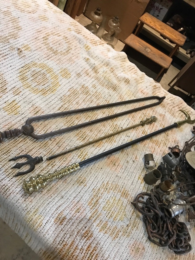 Three pieces Antique fireplace tools poker Tong Fork