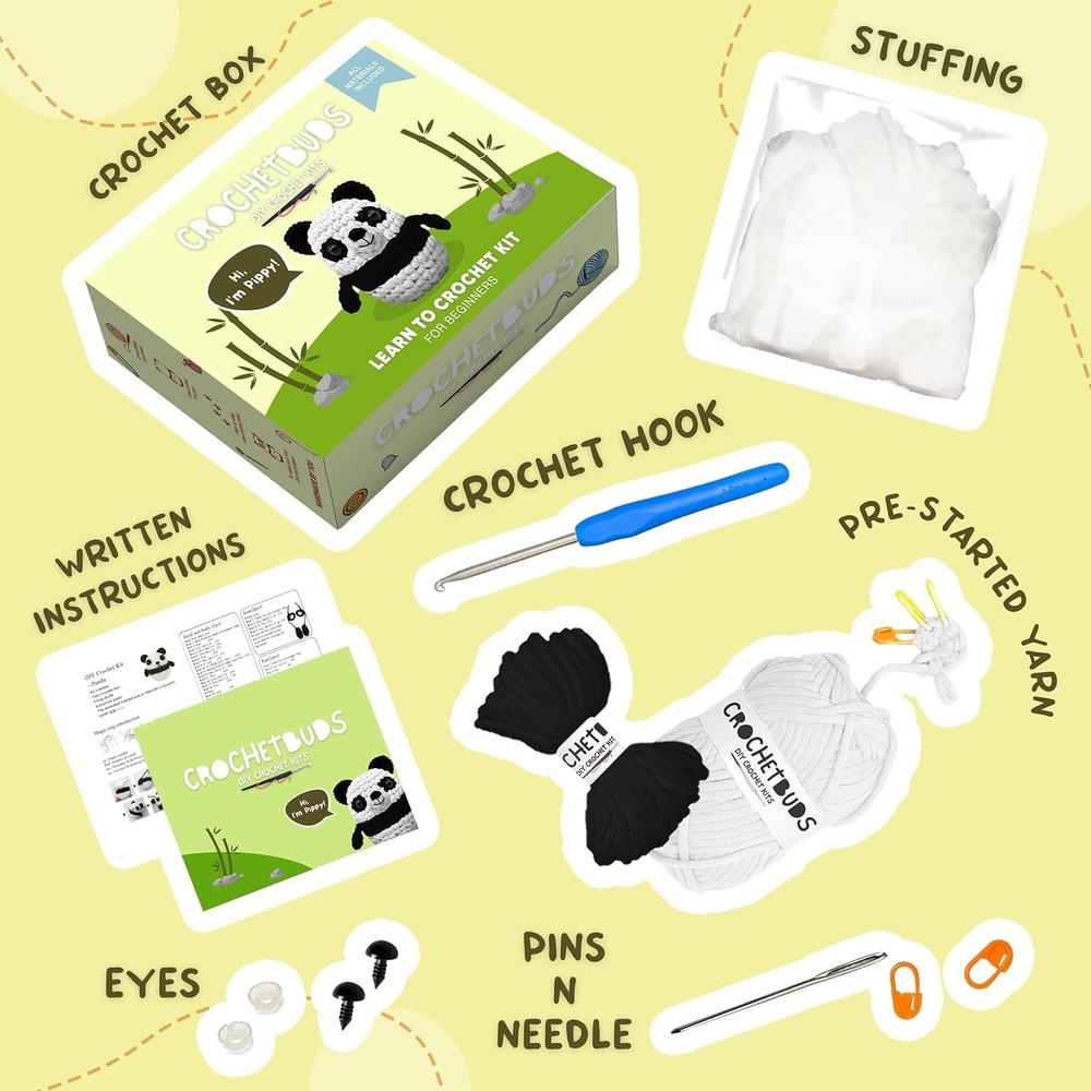Crochet Kit Panda | Starter DIY Animal Project | Yarn, Hook & Guide