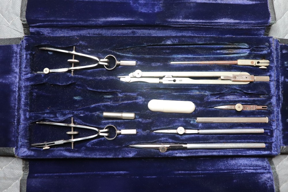 Vintage American H.F. Precision Drafting Compass Set Complete Engineer Tools
