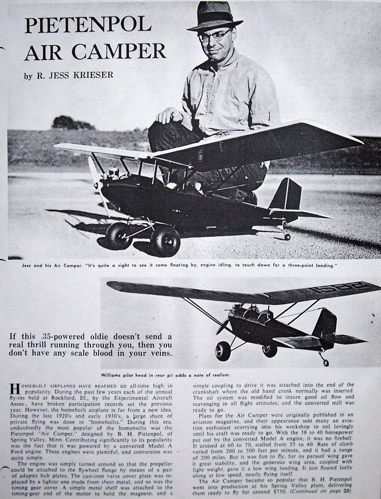 PIETENPOL AIR CAMPER PLAN + CONSTRUCTION ARTICLE for 60" Span RC Model Airplane