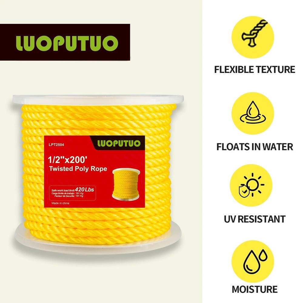 1/2'' 200' Floatable 3 Stand Yellow Poly Cord Twisted Rope