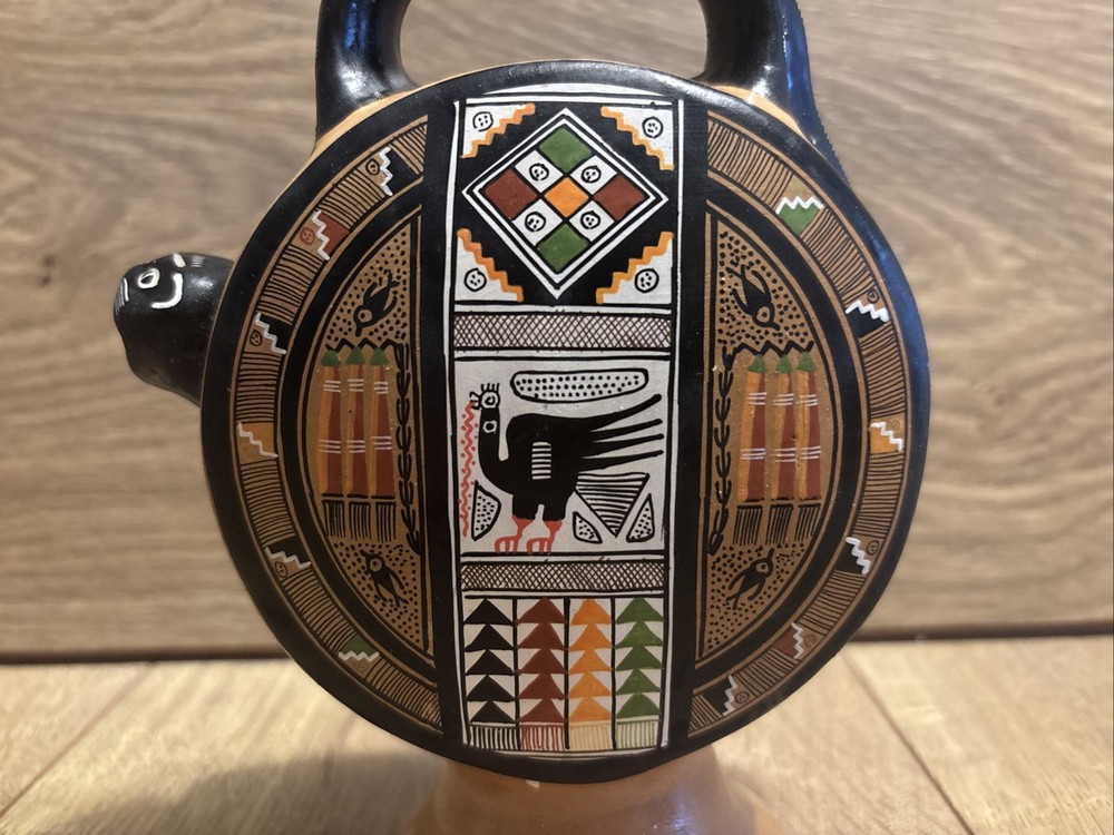 Handcrafted Clay Art From Cusco Peru, Cats Vessel with Handle.